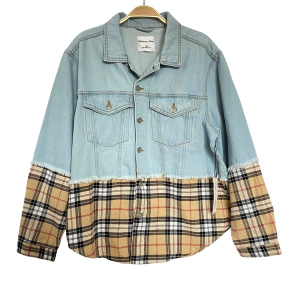 Highway Jeans Jackets & Blazers - Highway Jeans Denim Plaid Trucker Jacket Women M Blue Tan Oversized NWT